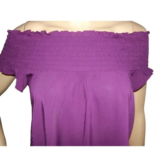 Express XS Purple Smocked Off The Shoulder Blouse asymmetrical hem top (0-2) - Picture 3 of 8